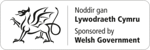 Black outline illustration of a dragon next to bilingual text: “Noddir gan Lywodraeth Cymru / Sponsored by Welsh Government.”.